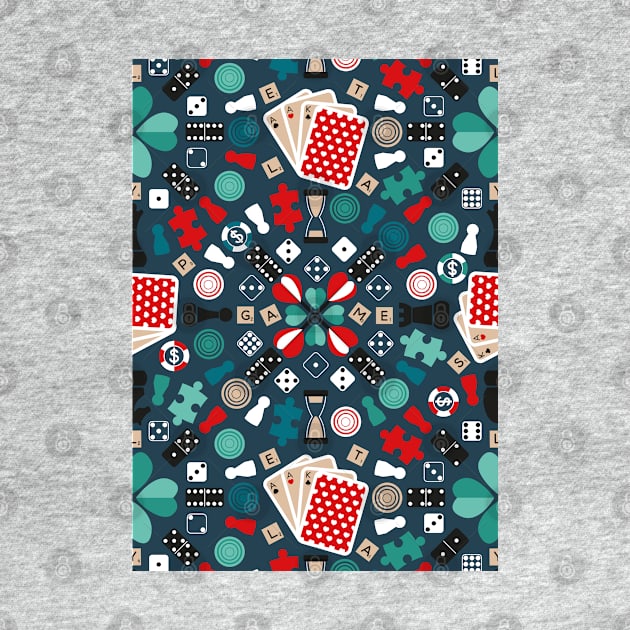 Wanna play? // pattern // blue background teal red mint brown black and white game pieces by SelmaCardoso